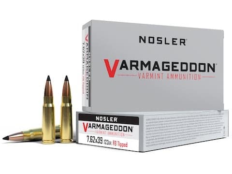 Nosler Varmageddon Ammunition 7.62x39mm 123 Grain Polymer Tip Flat Base Box of 20